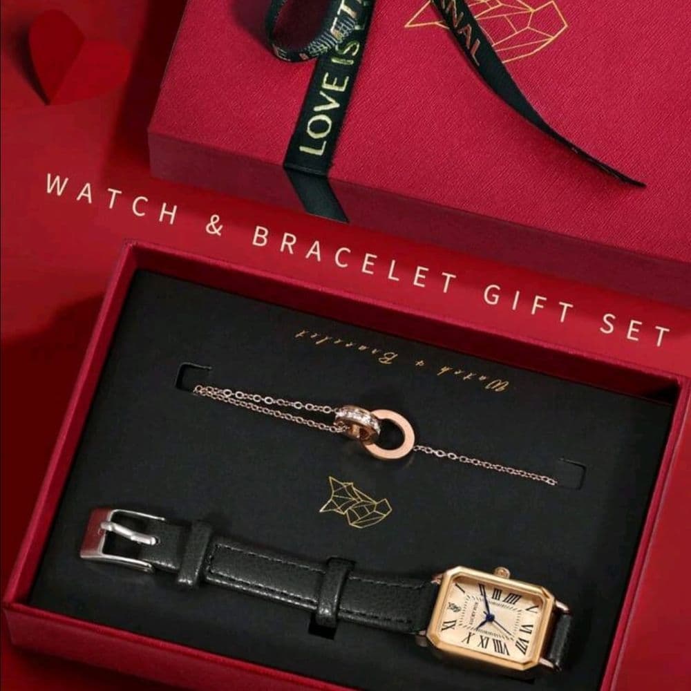 SET DE RELOJ PARA DAMA CUERO PU NEGRO CON PULSERA (INLUYE CAJA Y TARJETA)