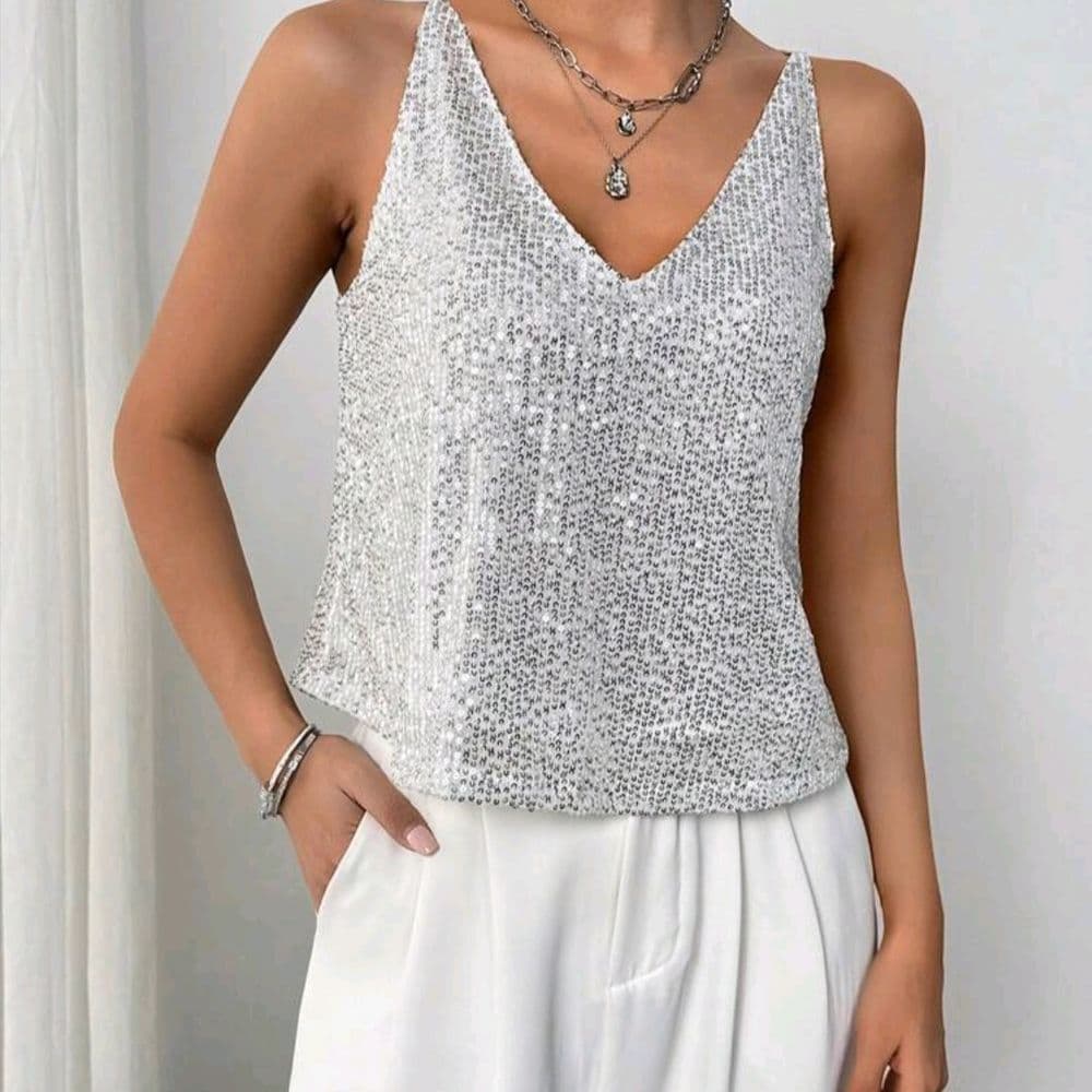 BLUSA DE TIRANTES CON ESCOTE EN V Y LENTEJUELAS TALLE XL