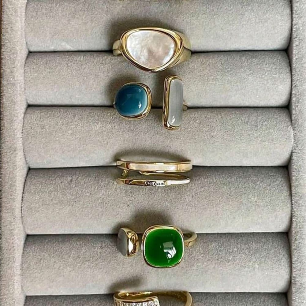 SET DE 6 ANILLOS VERDE Y PLATA