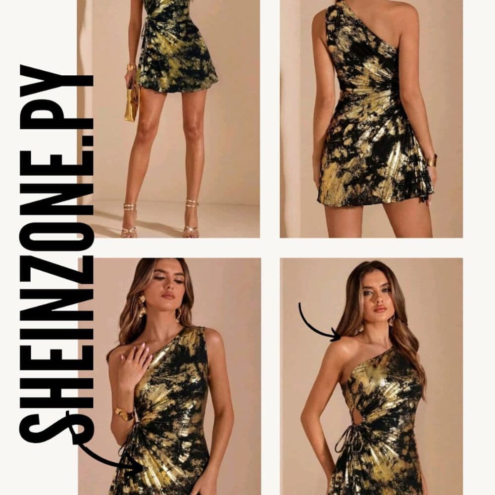 VESTIDO PLISADO CON CORTE ASIMETRICO Y TEXTURA EN NEGRO Y DORADO TALLE M