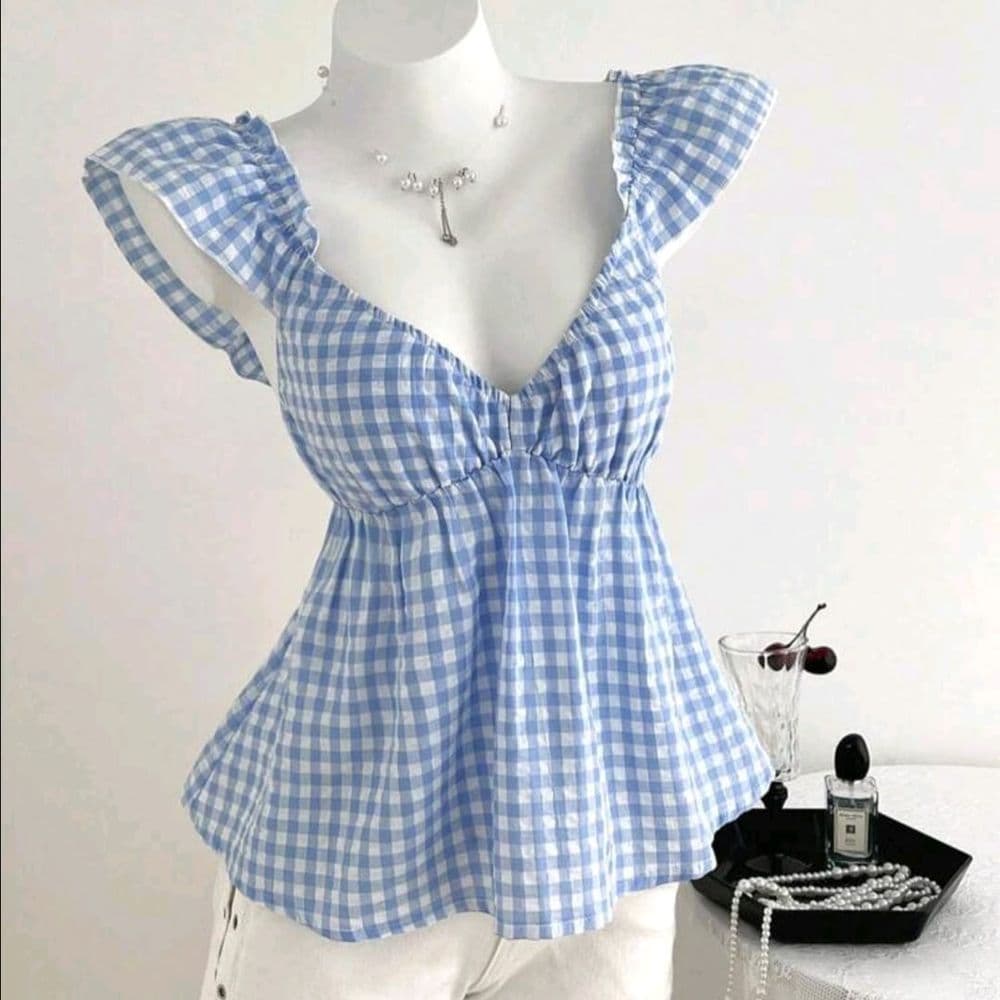 BLUSA DE TIRANTES ROMANTICA CUADRILLE CELESTE TALLE M