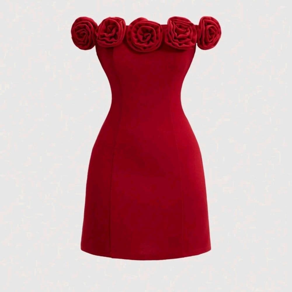 Vestido Colorado Flores 3D
