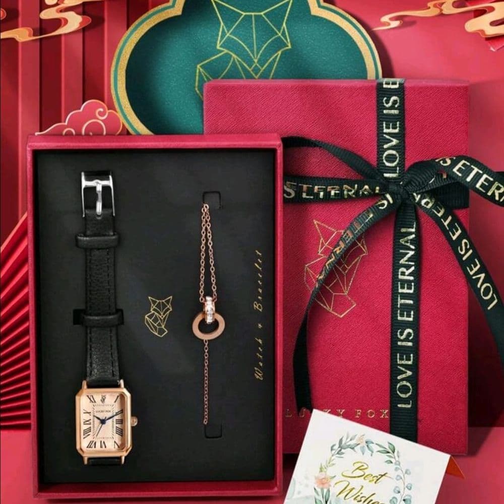 SET DE RELOJ PARA DAMA CUERO PU NEGRO CON PULSERA (INLUYE CAJA Y TARJETA)